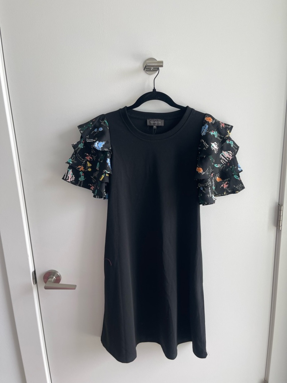 Gracia Black Dress with Floral Ruffle Sleeves